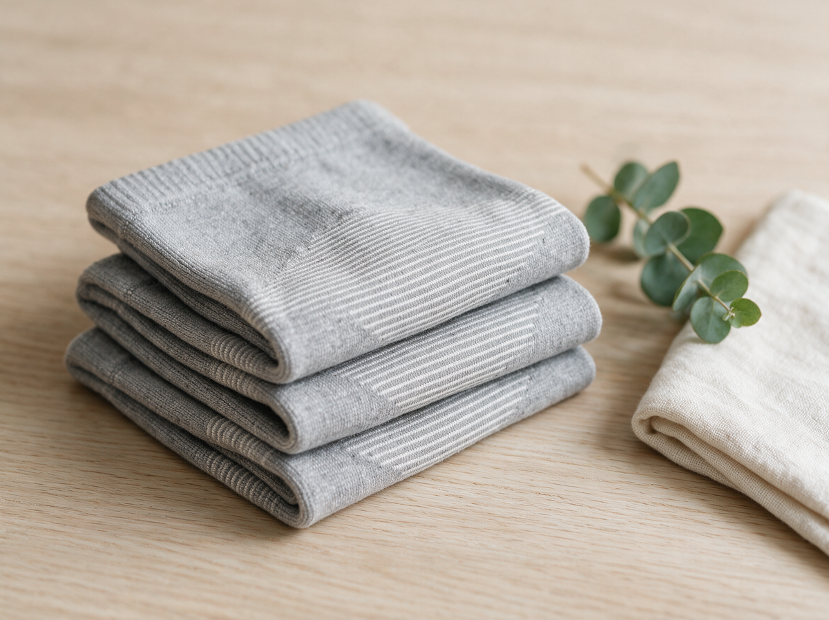 Folded bamboo charcoal knee sleeves on a wooden surface