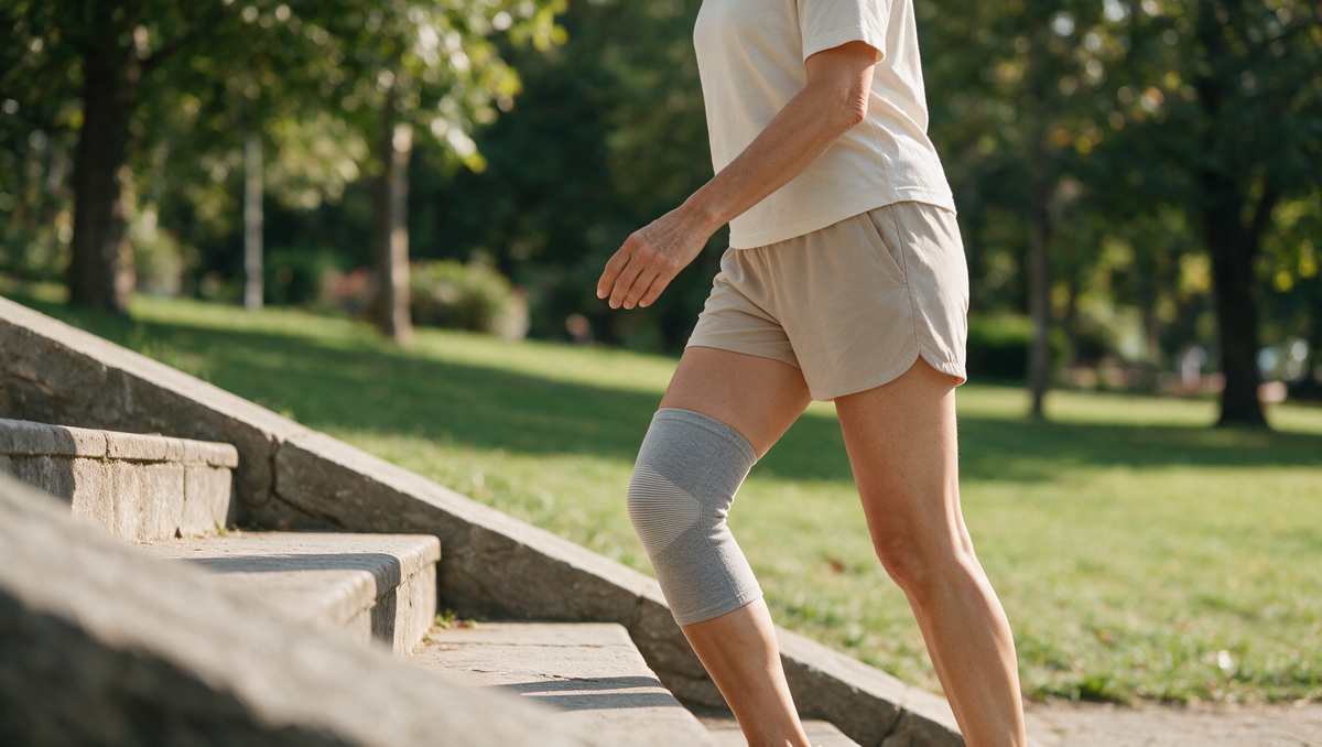 Woman walking up park steps wearing a bamboo charcoal knee sleeve