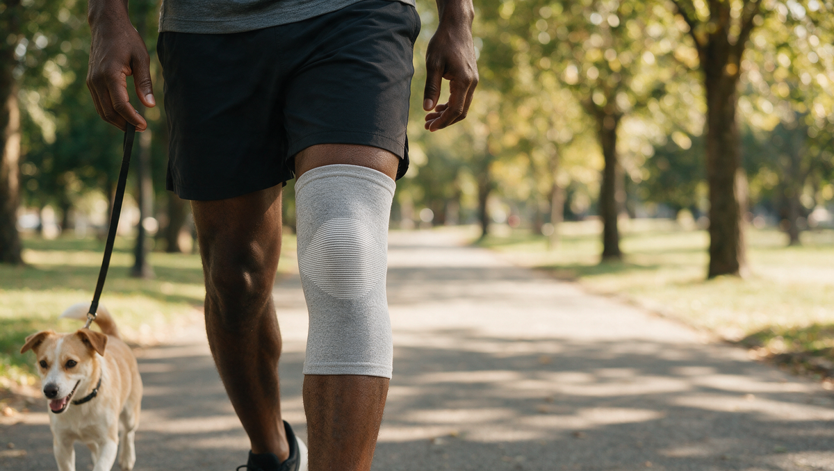 Man walking a dog in a park wearing a bamboo charcoal knee sleeve