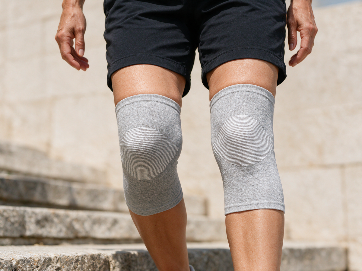 Knee sleeves supporting both knees while climbing steps